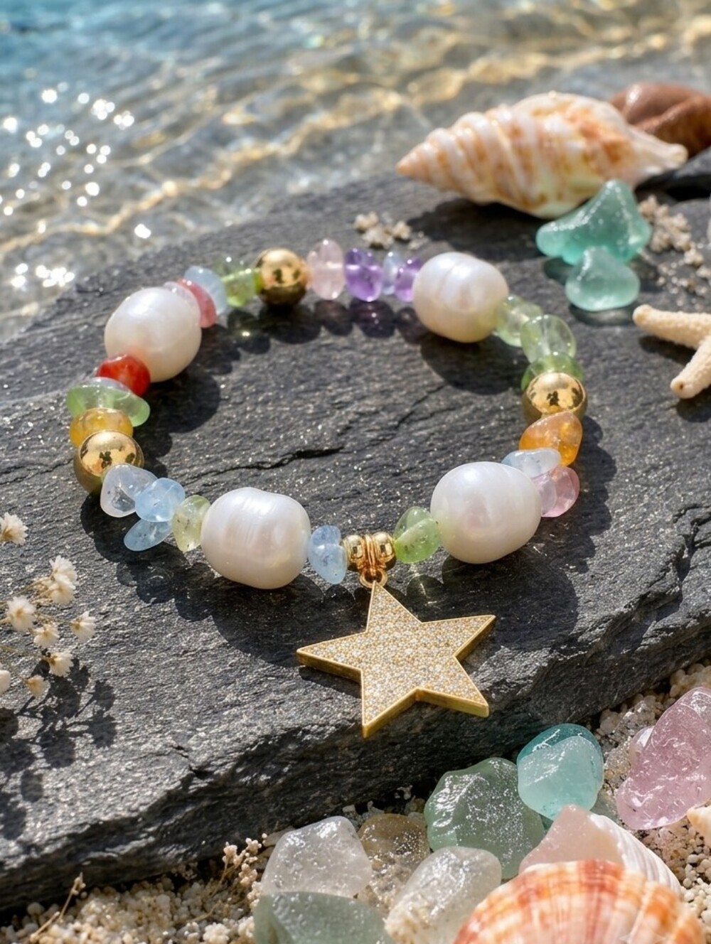 Faux Pearl Pastel Beaded Bracelet Coastal Gold Star Charm Stretchy Coconut Girl